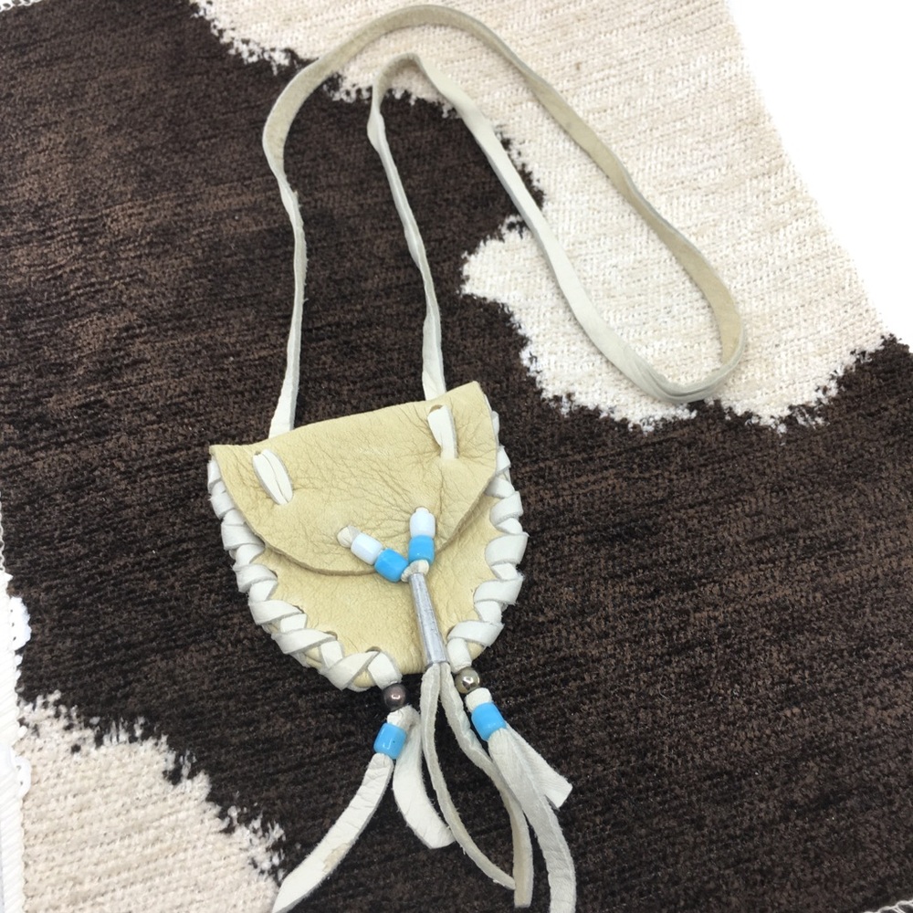 Small Handmade Leather Medicine Bag Necklace Pouch Beaded Fringe Brown Native